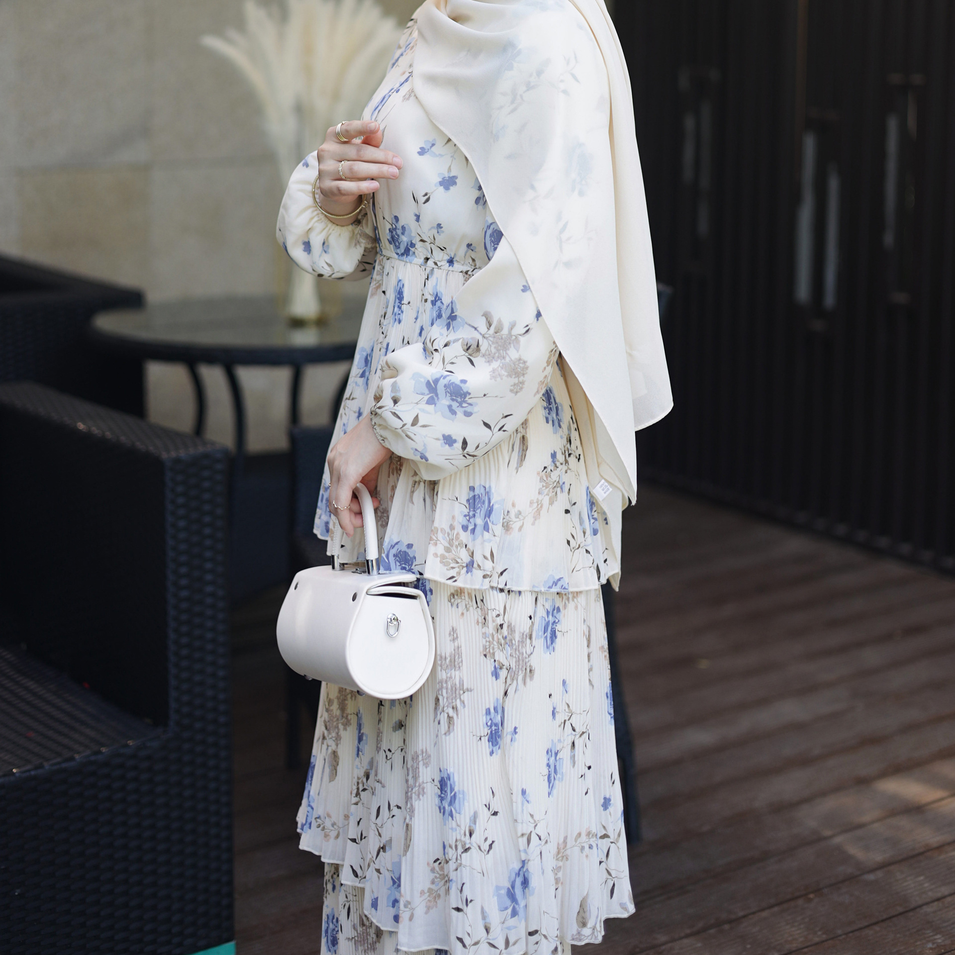 High Quality Long Sleeve Chiffon Maxi Dress Floral Print Summer Dresses Abaya for Muslim Women