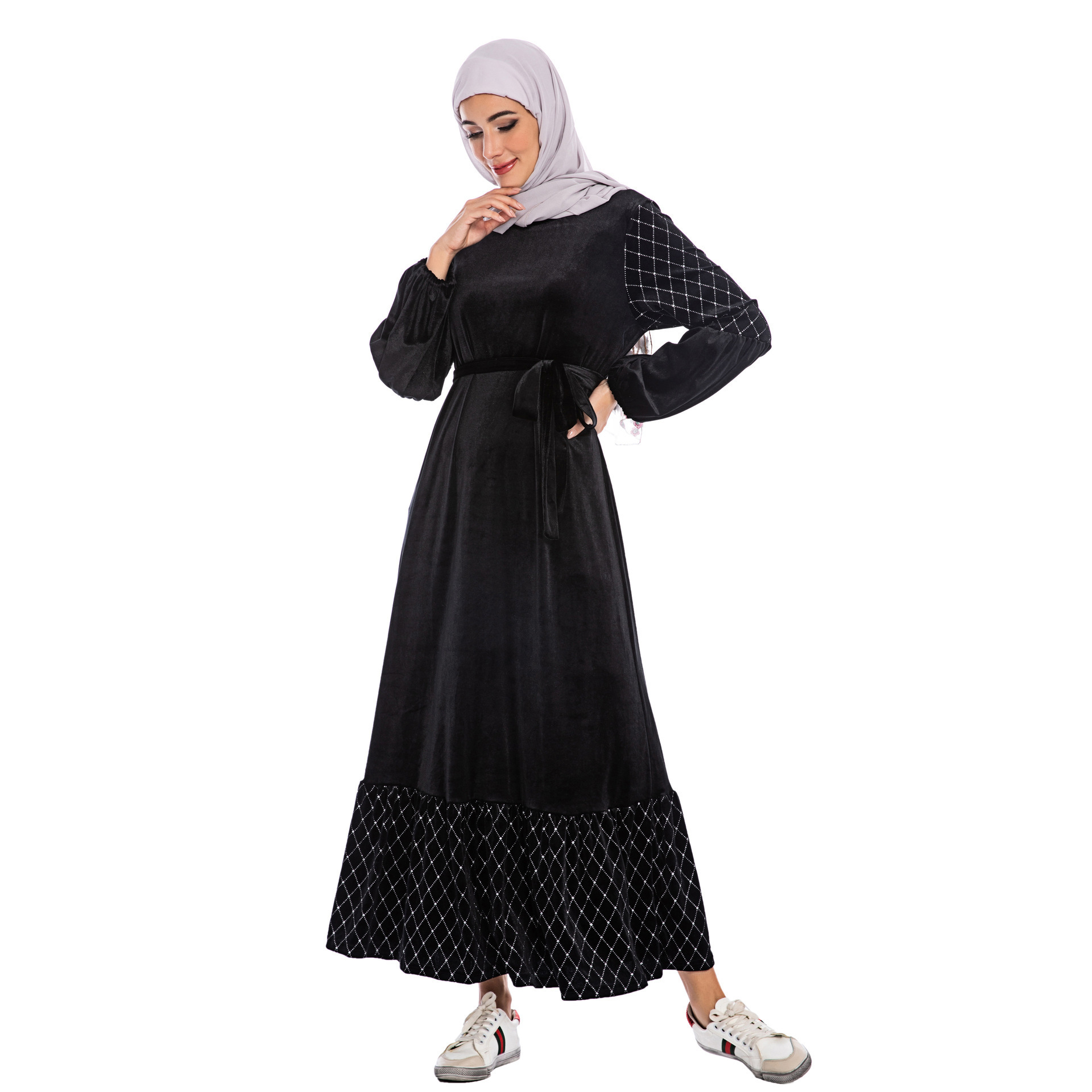 Muslim Prayer Dress Jilbab Thick Gold Velvet Long-Sleeved Round Neck Bronzing Casual Abaya Women Long Dress Muslim