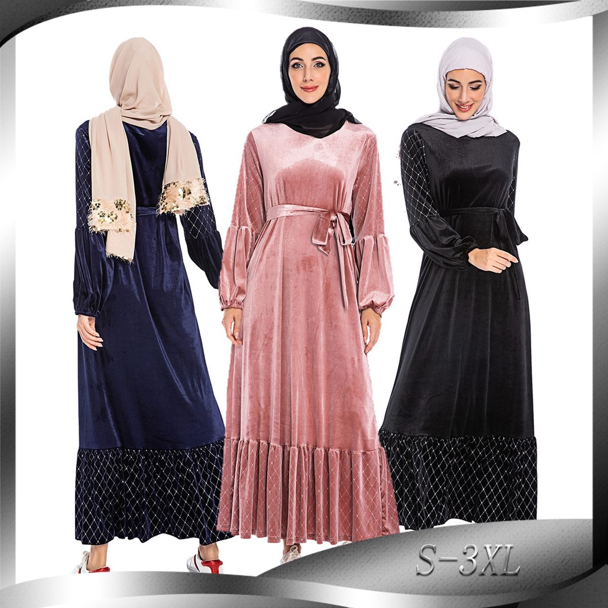 Muslim Prayer Dress Jilbab Thick Gold Velvet Long-Sleeved Round Neck Bronzing Casual Abaya Women Long Dress Muslim