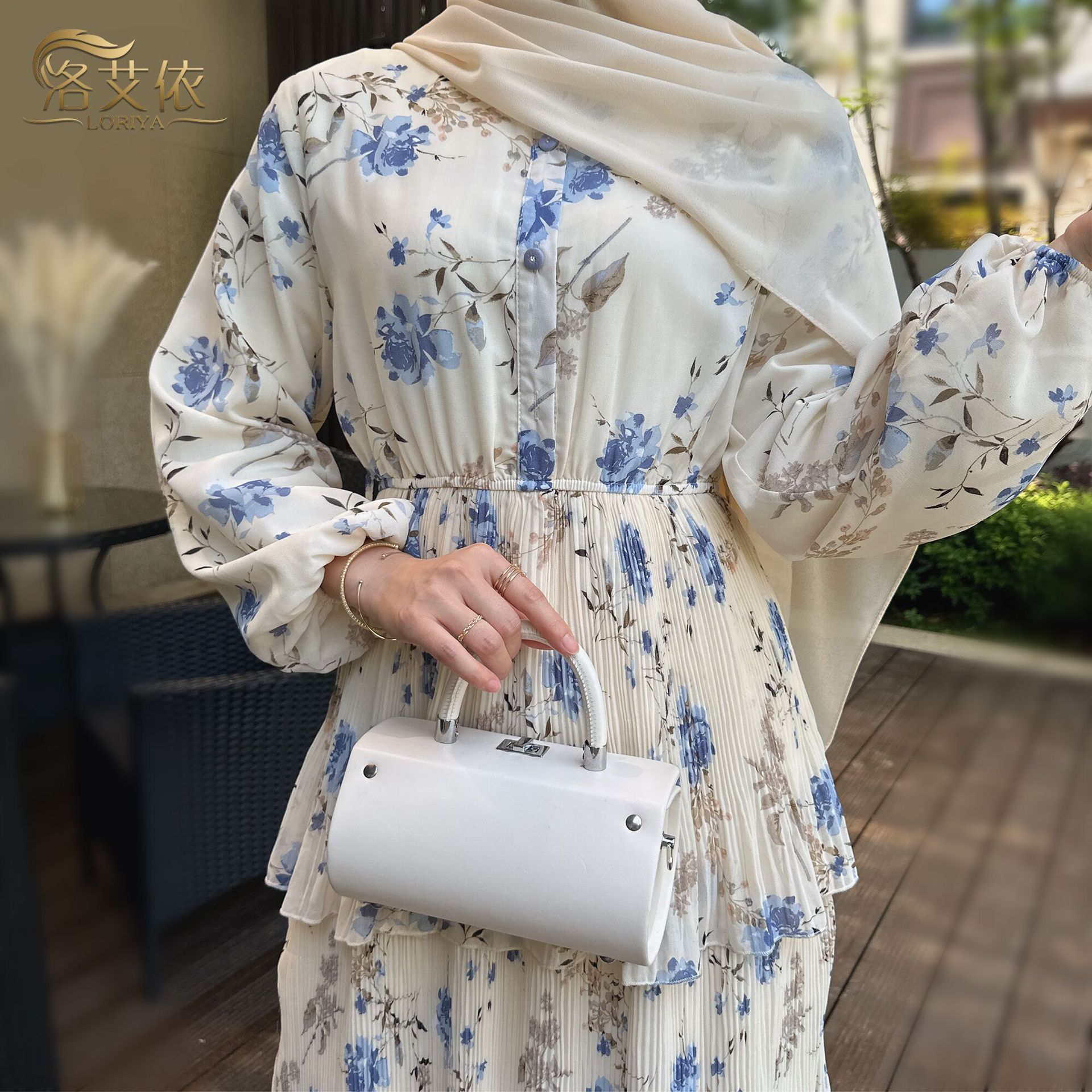 High Quality Long Sleeve Chiffon Maxi Dress Floral Print Summer Dresses Abaya for Muslim Women