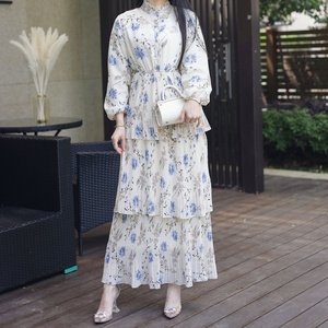 High Quality Long Sleeve Chiffon Maxi Dress Floral Print Summer Dresses Abaya for Muslim Women