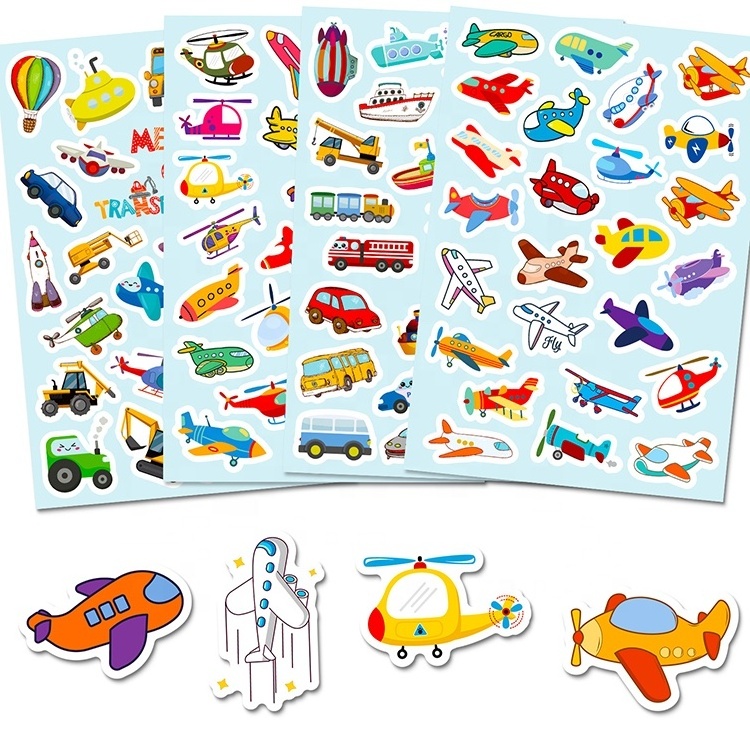 4 Sheets/Pack Car Airplane Vehicle Sticker Children Cute Graffiti Waterproof Cartoon Sticker