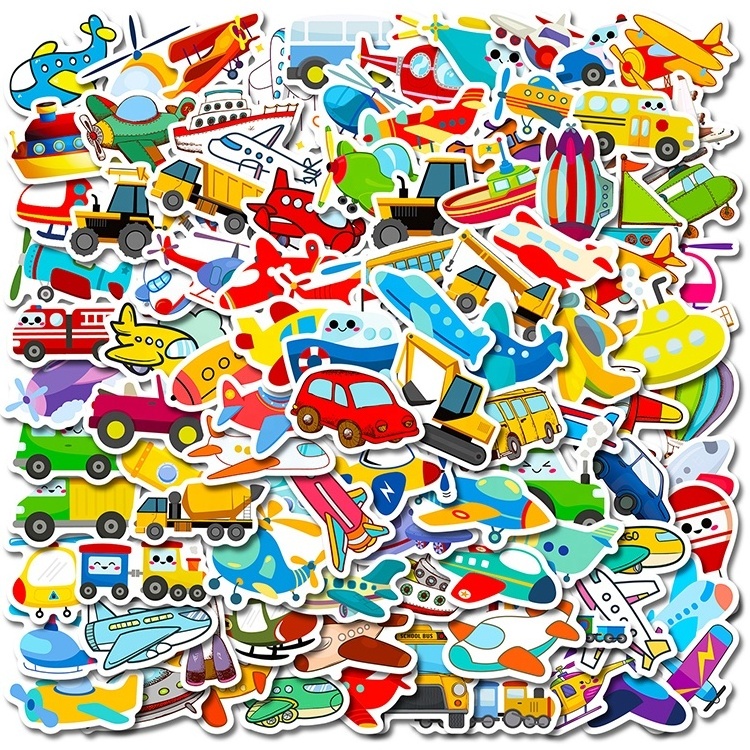 4 Sheets/Pack Car Airplane Vehicle Sticker Children Cute Graffiti Waterproof Cartoon Sticker