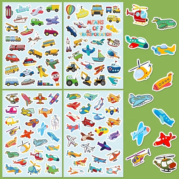 4 Sheets/Pack Car Airplane Vehicle Sticker Children Cute Graffiti Waterproof Cartoon Sticker