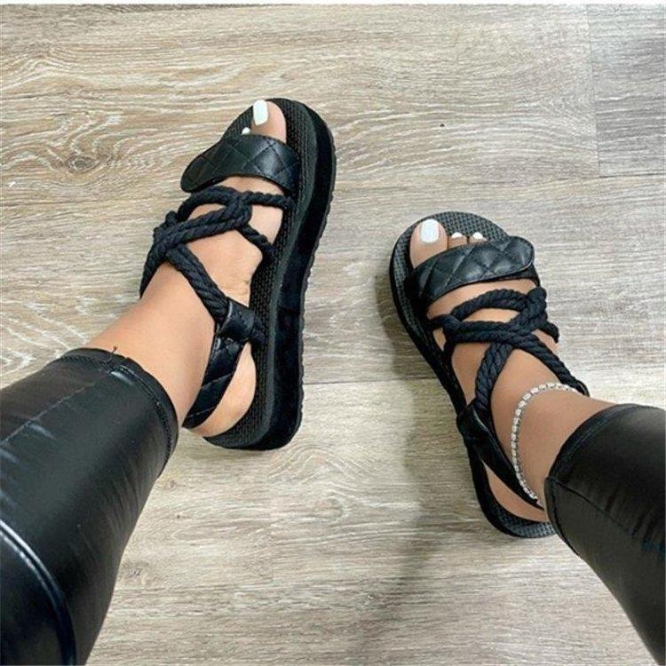 2024 summer sandals women solid color large size thick bottom hemp rope flat sandals