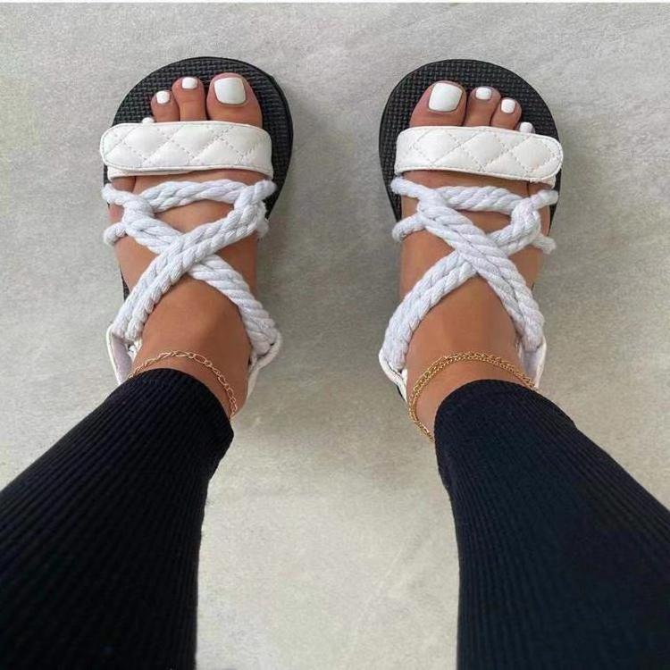 2024 summer sandals women solid color large size thick bottom hemp rope flat sandals