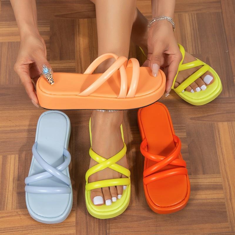 2024  Summer Bright Color Ladies Slippers Sandals Sexy Platform Beach Female Slide Flat Sandal Shoes For Women New Styles