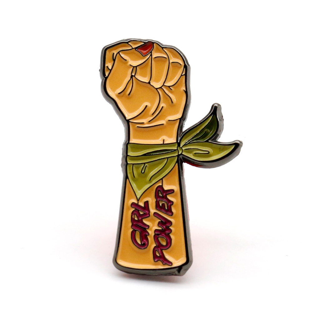 Cheap custom fist shaped lapel pin badge metal dyed soft enamel girl power spiritual feminist pin