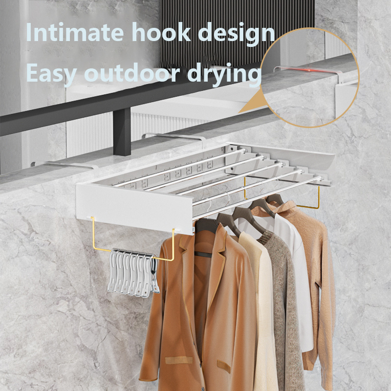 2024 New Retractable wall mount aluminium clothing Laundry Drying Racks Tape Hook foldable for home