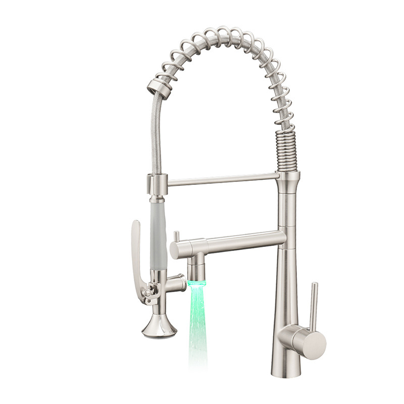 Single Lever 3 Color Led Light Three Way Spring Kitchen Faucet Pull Out