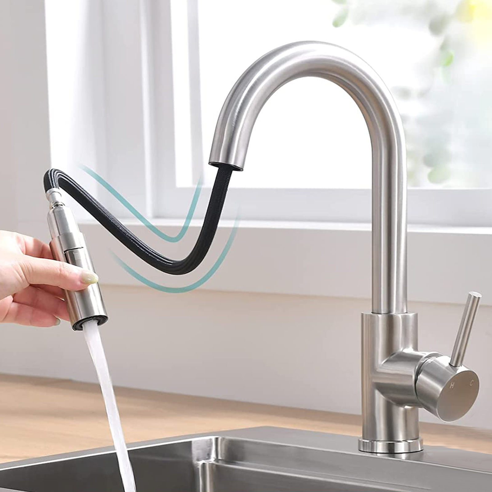 Modern Bar Sink Faucet for Kitchen Sink Single Handle with Pull Out Sprayer Hot and Cold Prep Sink Faucet Brushed Nickel CLASSIC