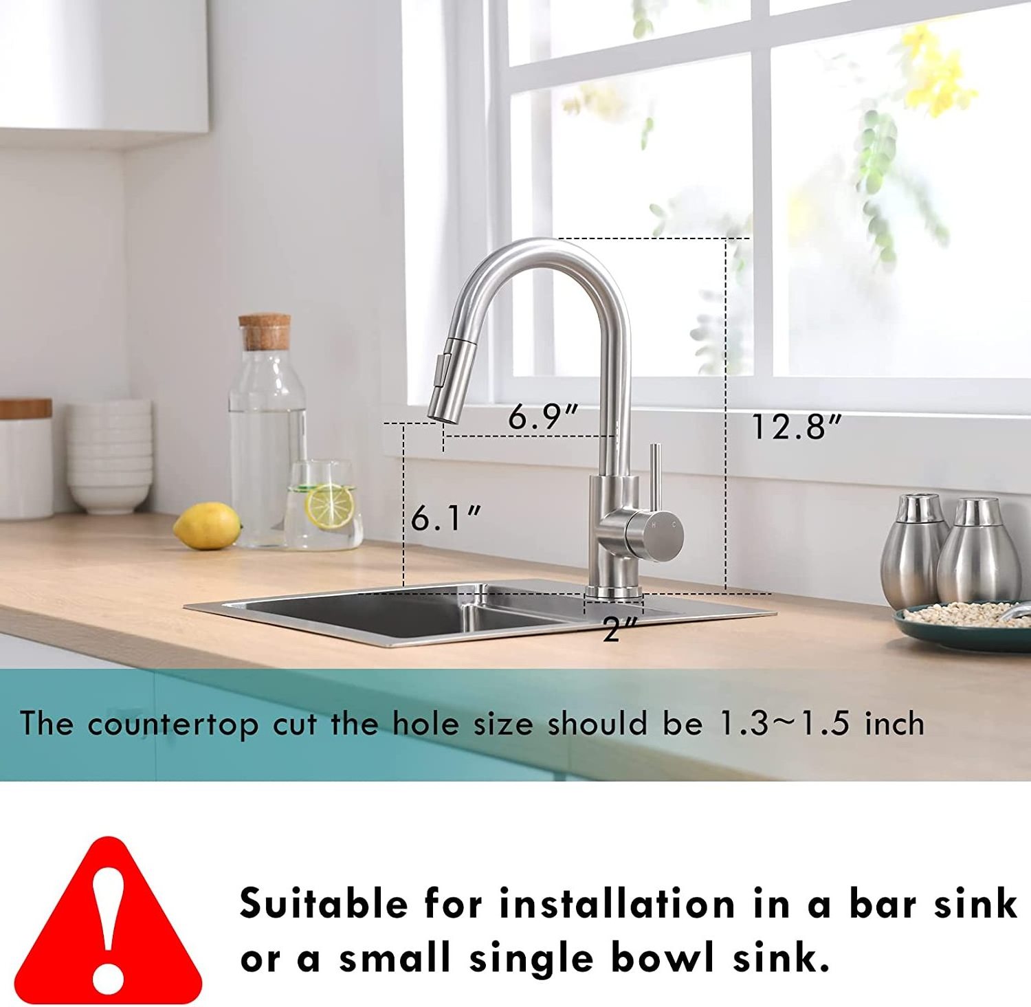 Modern Bar Sink Faucet for Kitchen Sink Single Handle with Pull Out Sprayer Hot and Cold Prep Sink Faucet Brushed Nickel CLASSIC