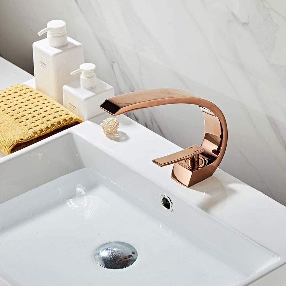 Rose Gold Bathroom Sink Faucet with Supply Hose,Unique Design Single Handle Lavatory Faucet,Basin Mixer Tap Commercial