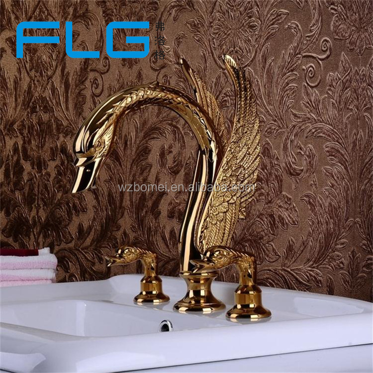 Brass Dual Handle Modern Classic Animal Faucet 3 Holes Gold Swan Basion Faucet