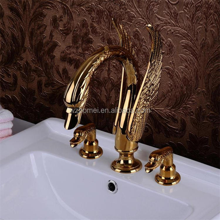 Brass Dual Handle Modern Classic Animal Faucet 3 Holes Gold Swan Basion Faucet