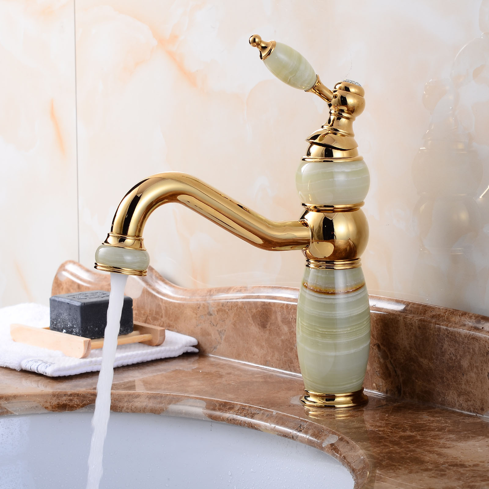 Brass Jade Retro Faucet Gold Basin Taps Crystal Bathroom Faucets,water Taps Unique Design Marble Stone Modern Contemporary FLG