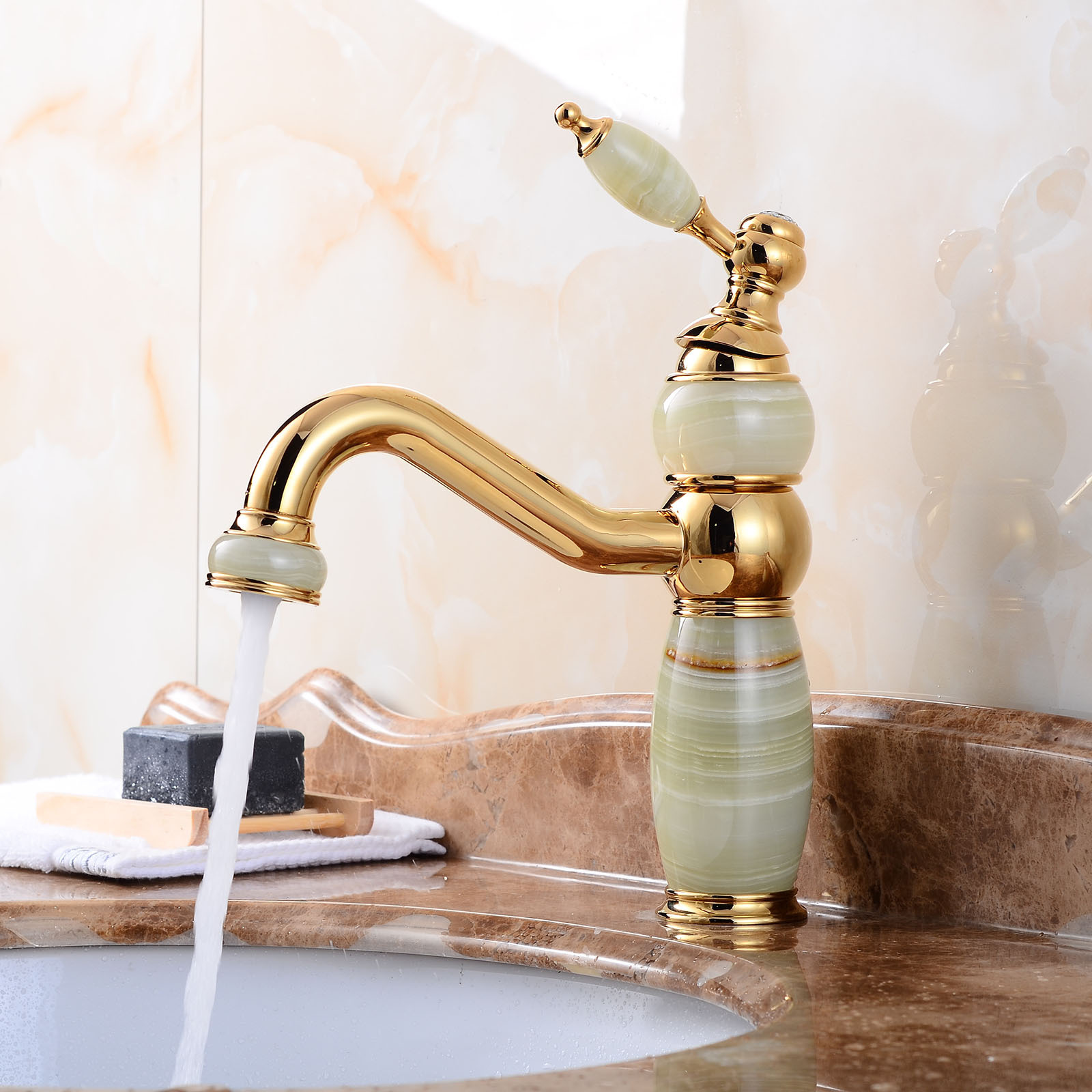 Brass Jade Retro Faucet Gold Basin Taps Crystal Bathroom Faucets,water Taps Unique Design Marble Stone Modern Contemporary FLG