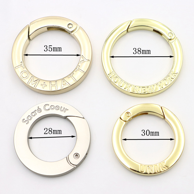 High quality flat Spring O Ring engraved logo spring gate o ring 35MM 29MM gold for bags hardware