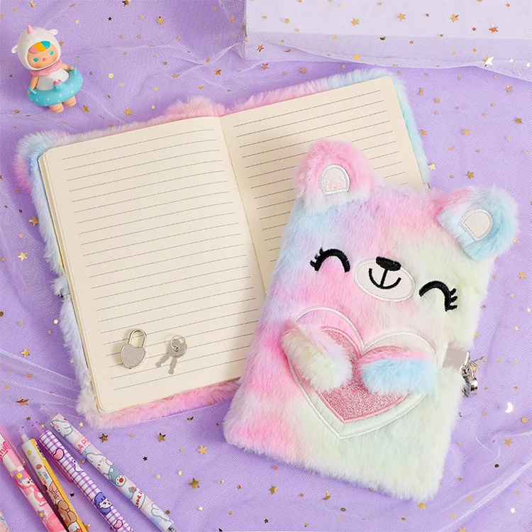 Practical Plush Surface Schedule Book Journal Notebook Accessories Tie-dyed Colored School Note Book with Lock for Gift