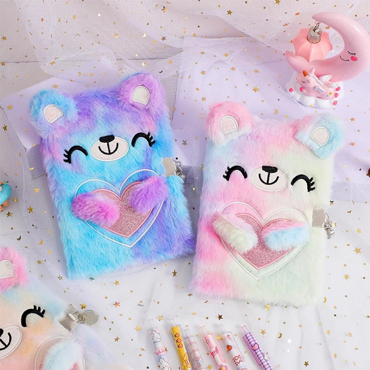 Practical Plush Surface Schedule Book Journal Notebook Accessories Tie-dyed Colored School Note Book with Lock for Gift