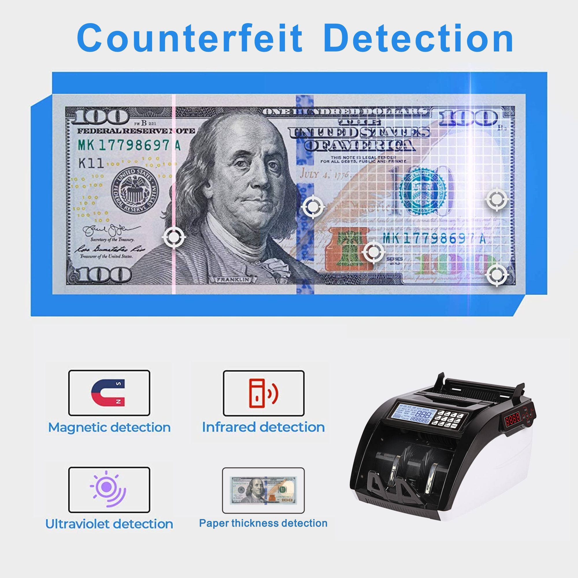 AL-6100 Counterfeit Fake Money Currency Note Bill Cash Banknote Counter Detector Counting Machine