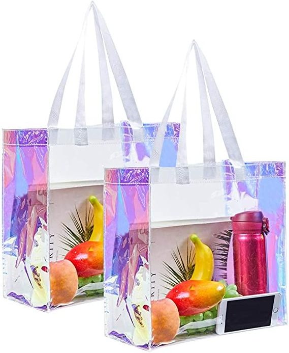 Designer Custom Logo Print Laser Holographic Iridescent Pvc Beach shinny Color Little Neon Beach Tote Bag