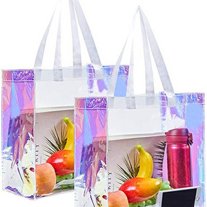 Designer Custom Logo Print Laser Holographic Iridescent Pvc Beach shinny Color Little Neon Beach Tote Bag