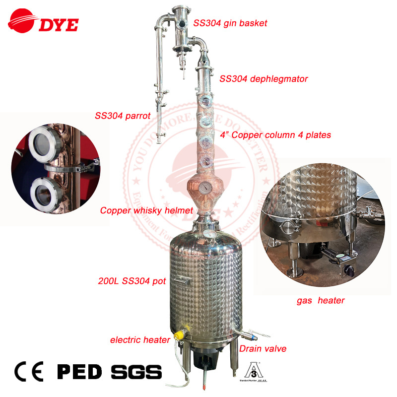 Liquor Distillation Micro Column Alembic Ss304 T2 Copper Pot Still 50l 100l 200l Home Moonshine Alcohol Distiller