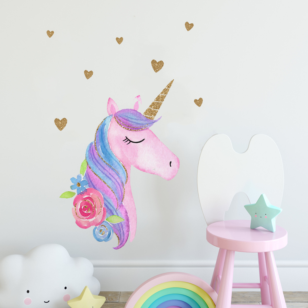 New Design Glitter Unicorn Carton PVC Peel and Stick Wall Decals Stickers for Kids Nursery Wall Art Room Decor