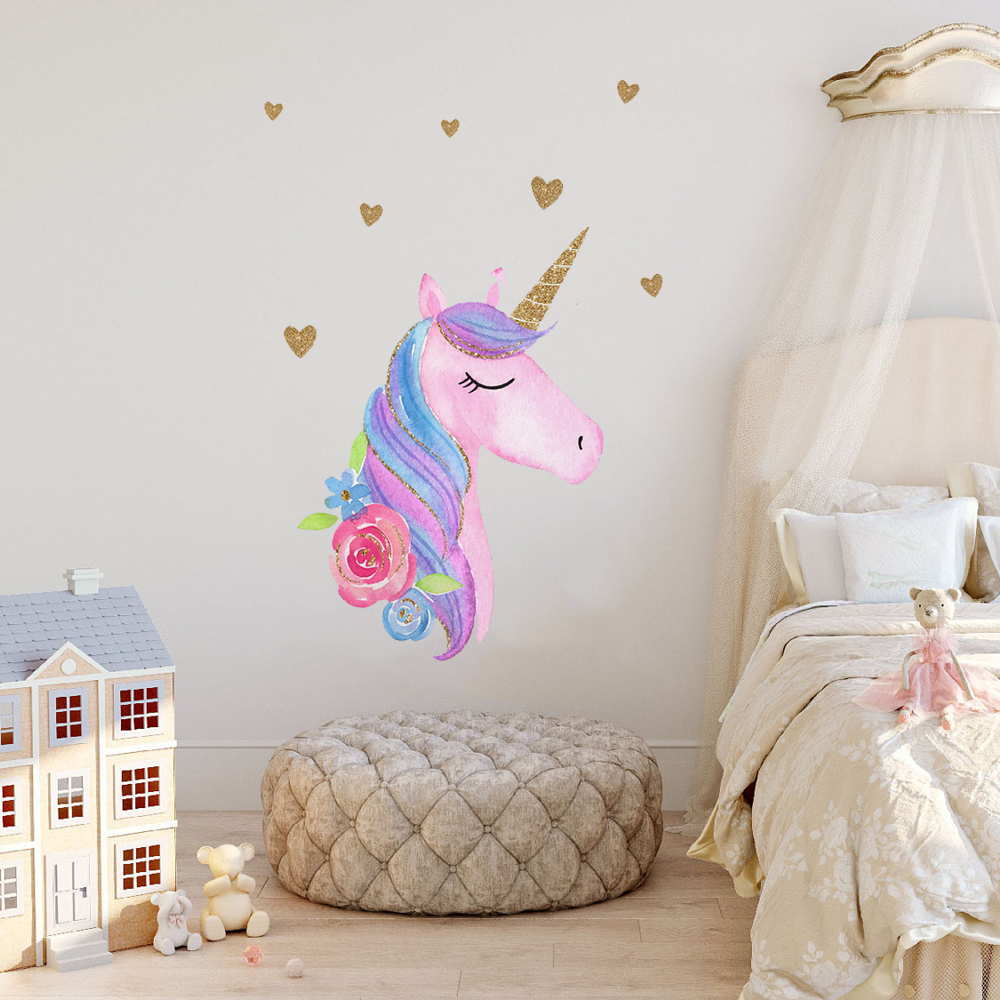 New Design Glitter Unicorn Carton PVC Peel and Stick Wall Decals Stickers for Kids Nursery Wall Art Room Decor