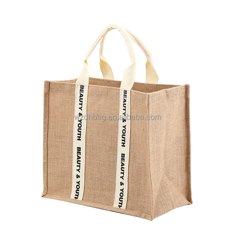 Wholesale Large Natural Reusable Recycled Burlap Hemp Tote Bag Customizable Eco-Friendly Jute Tote Bag Shopping Bag With logos