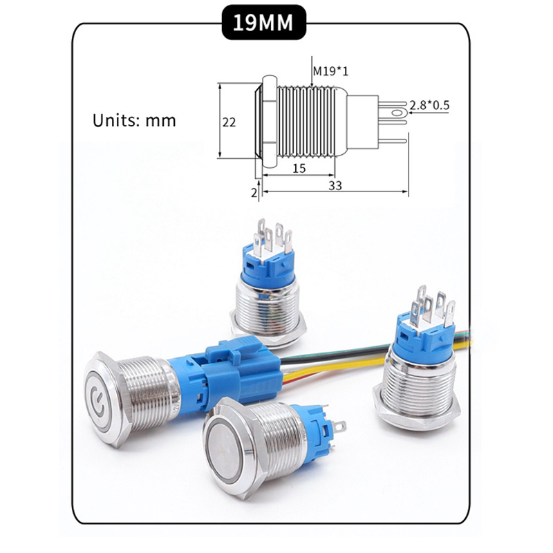 12/16/19 mm Waterproof IP65 12 Volt Illuminated Lighted ON OFF Led  Spring v clips on off Push Button switch