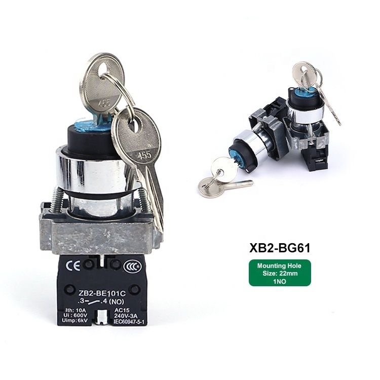 XB2-BG61 22mm 1NO 2 Position Wirh Key Reset Out Momentary Selector Knob Rotary Emergency Push Button Switch With Key