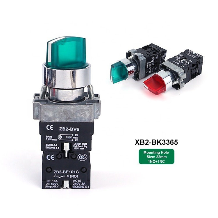 XB2-BK3365 22mm Latching 1NO1NC Handle Direct Selector Green Knob 3 Position Rotary Selector Push Button Switch