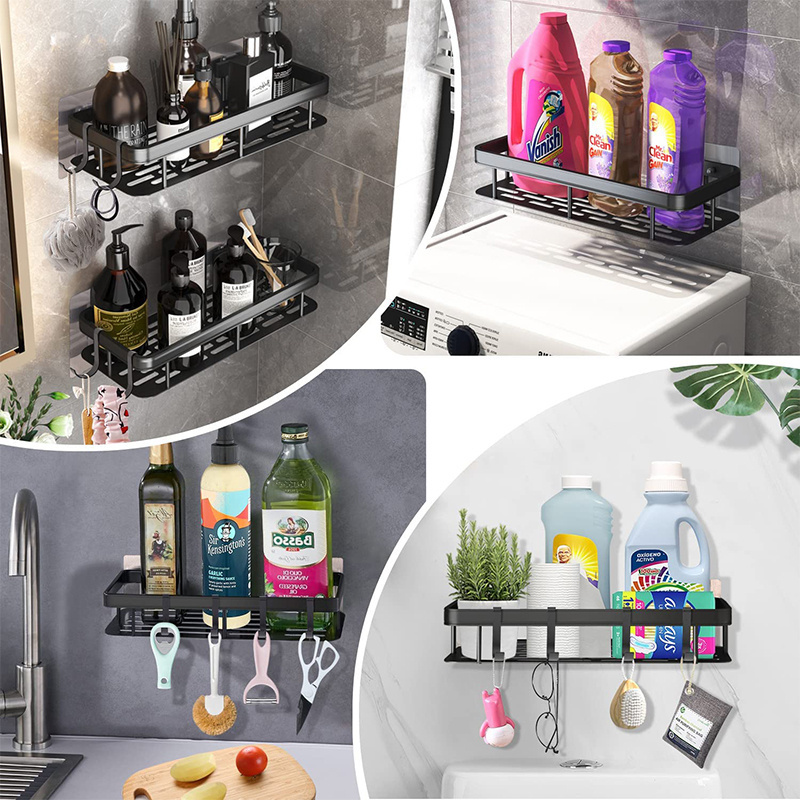 Wholesale Shower Caddy Corner Storage Shelf Wall Mounted Self Adhesive Kitchen Corner Racks Bathroom Double Shelves