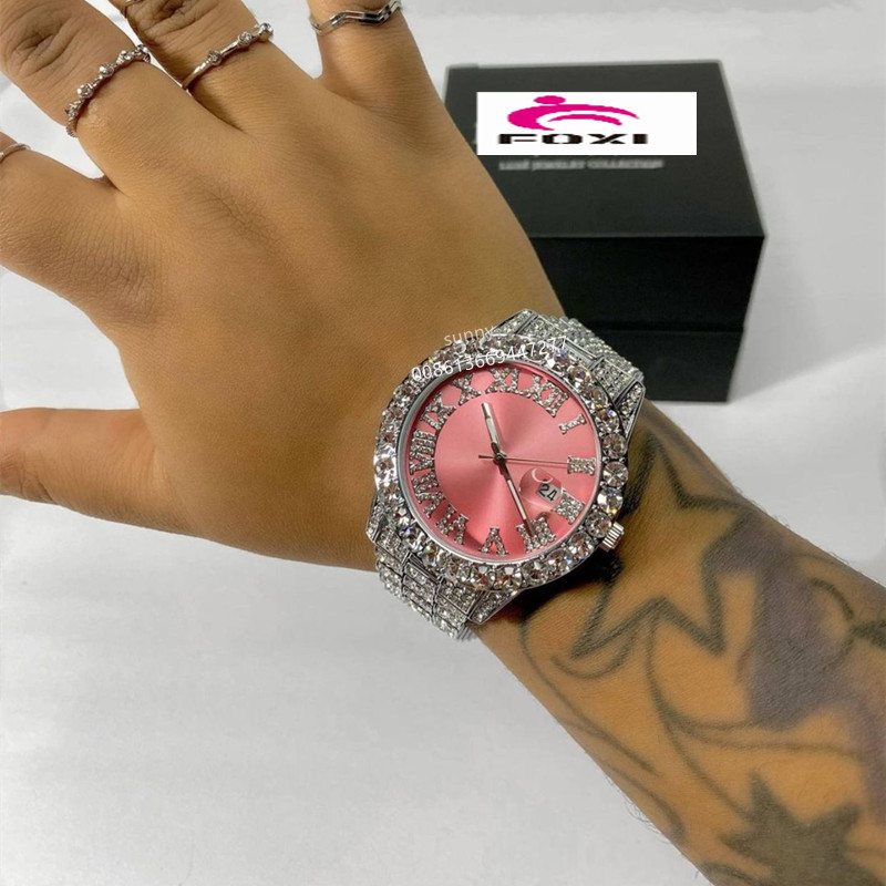 Iced Out Baby Pink Women Bling Watch with Purple Dial Bling Bling Hip Hop Watches Men Women Wrist Digital Quartz Watches