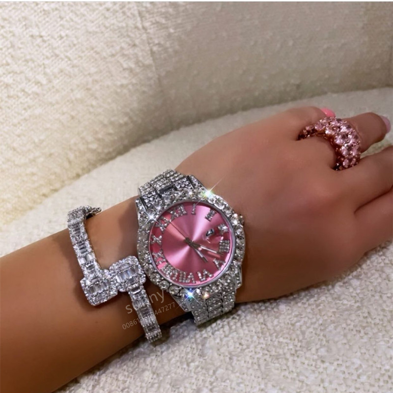 Iced Out Baby Pink Women Bling Watch with Purple Dial Bling Bling Hip Hop Watches Men Women Wrist Digital Quartz Watches