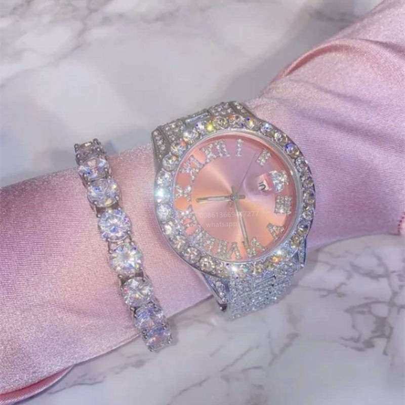 Iced Out Baby Pink Women Bling Watch with Purple Dial Bling Bling Hip Hop Watches Men Women Wrist Digital Quartz Watches