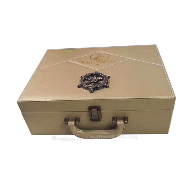 Luxury Design Custom Handle Portable Deluxe PU Leather Wine Gift Box with Wine Decanter Set