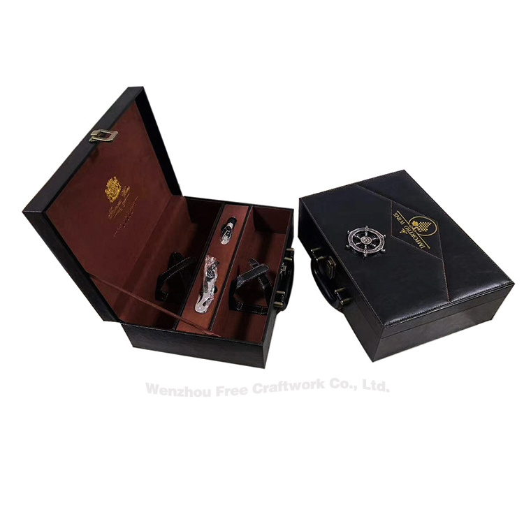 Luxury Design Custom Handle Portable Deluxe PU Leather Wine Gift Box with Wine Decanter Set