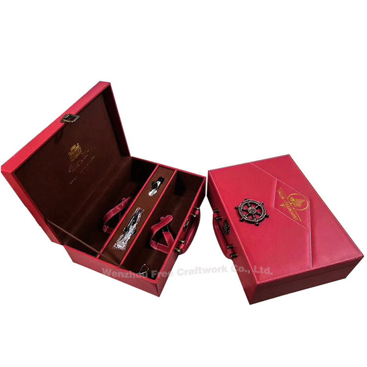 Luxury Design Custom Handle Portable Deluxe PU Leather Wine Gift Box with Wine Decanter Set