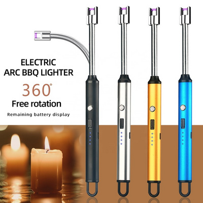 028 Windproof Electric Rechargeable Arc Lighter with LED Battery Display Long Flexible Neck USB  Candles lighter