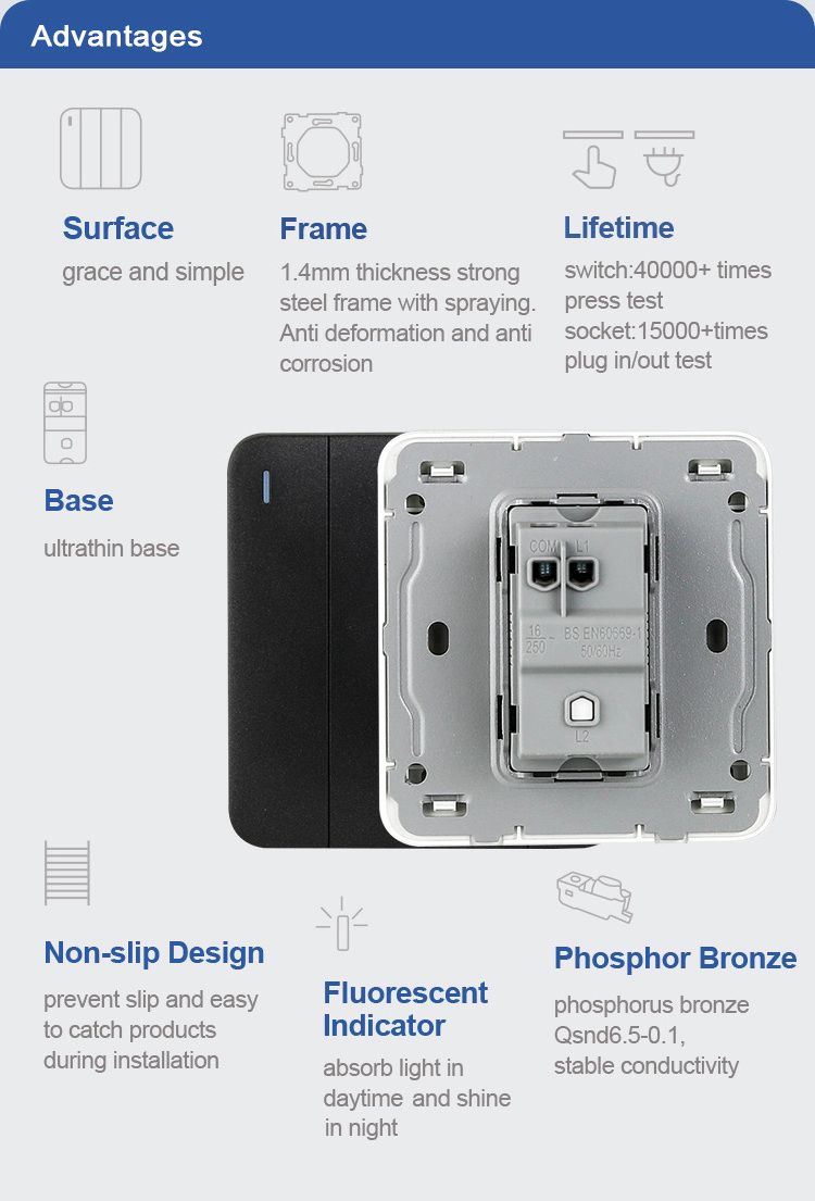 UK Big Board PC Home Electrical Light Switch  UK Light 1/2/3/4 Gang 1 Way 10A-45A Electrical Wall Switch and Socket