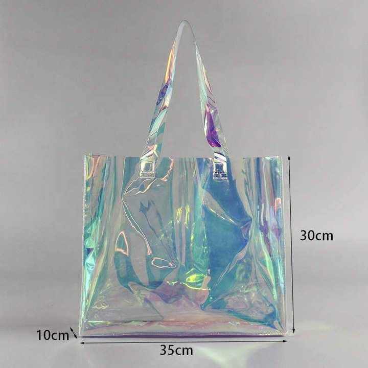 Custom Holographic PVC Shopping Clear Tote Gift Bag Transparent Laser Beach Shopping Bag with Thick Rope Handle