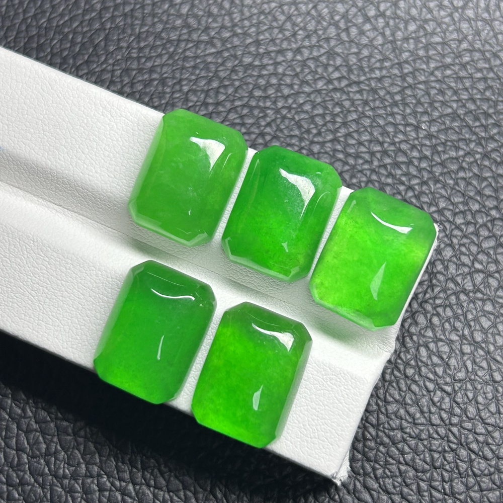 12x6x6mm Natural Myanmar Jadeite Flat Rectangle Cabochon Green Stone for Ring Jewelry