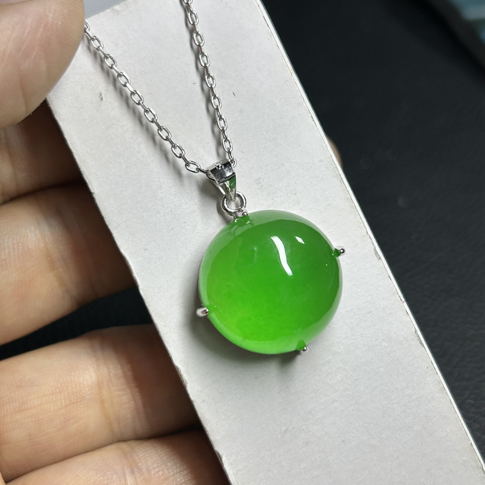 HQ GEMS Round Sliver S925 Charm Original Burma Jade Stone Pendant Necklace