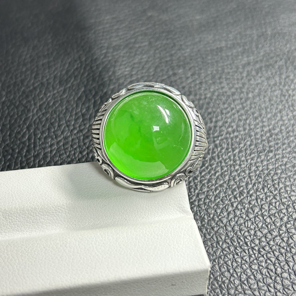 HQ GEMS Oval 40 Carat Jade Sliver S925 Original Burma Green Jade Men Ring