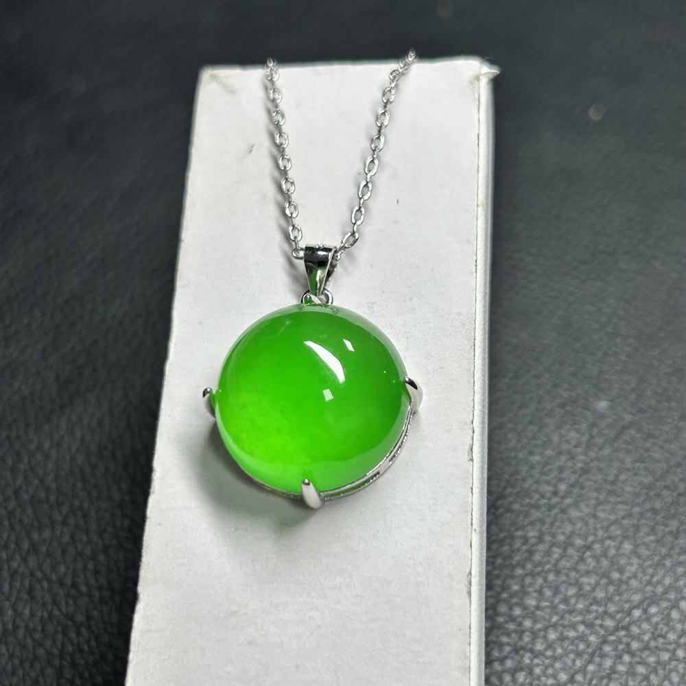 HQ GEMS Round Sliver S925 Charm Original Burma Jade Stone Pendant Necklace