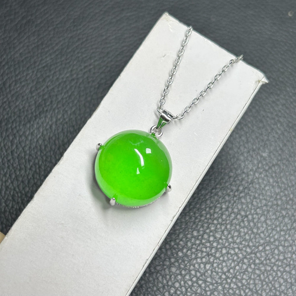 HQ GEMS Round Sliver S925 Charm Original Burma Jade Stone Pendant Necklace