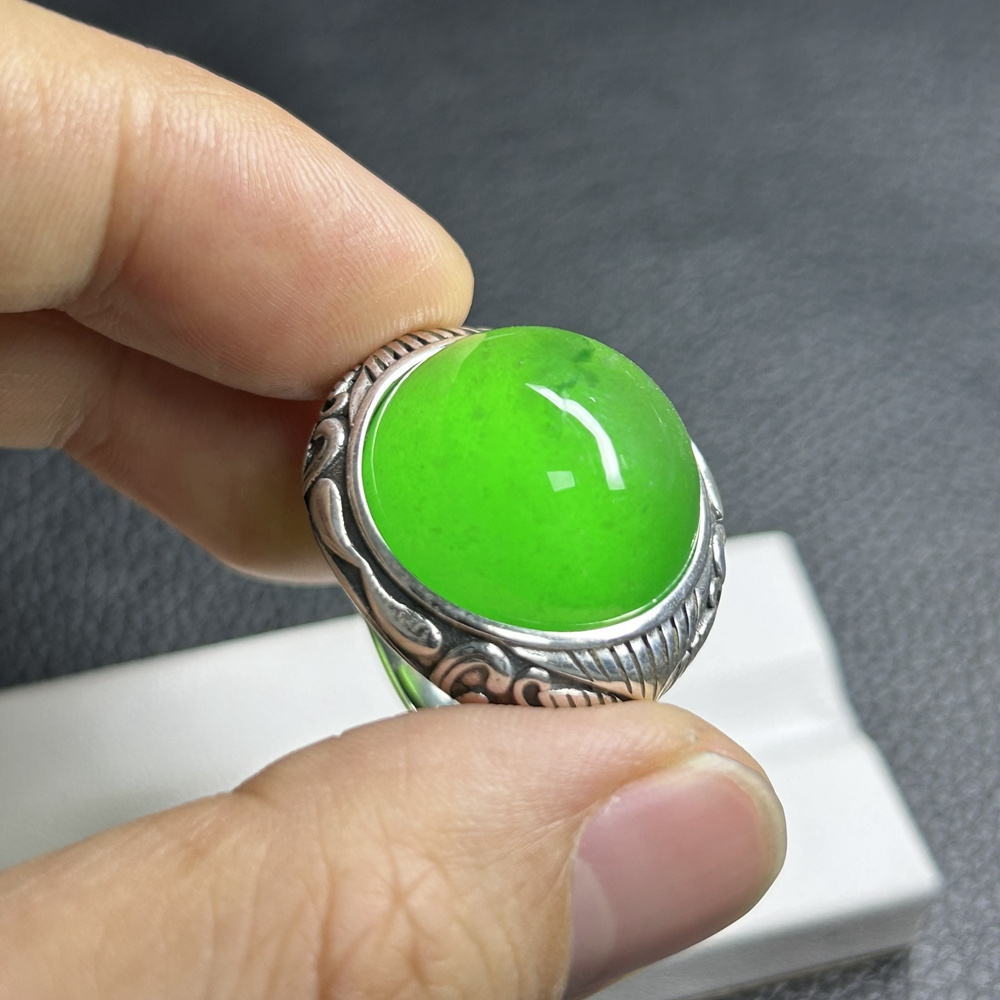 HQ GEMS Oval 40 Carat Jade Sliver S925 Original Burma Green Jade Men Ring